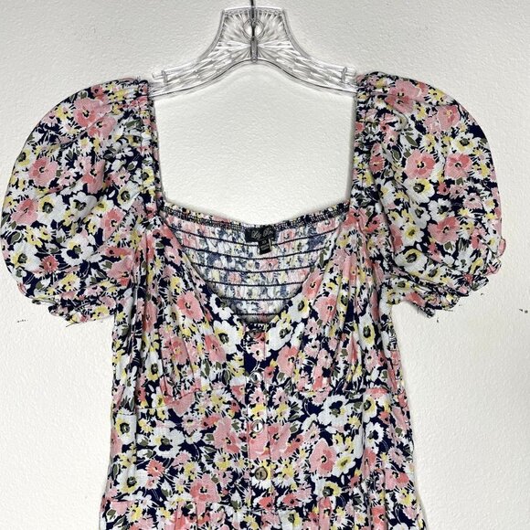 Lilly Rose Short Romper Puff Sleeve Women's XS Linen Blend Elastic Back Floral - Picture 2 of 8